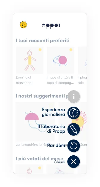 Home screen with the mode menu open: daily experience, Propp's laboratory, random.